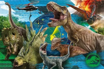 Dinosauři – T-Rex, sopka a vrtulník – obdélníkový jedlý papír na dort