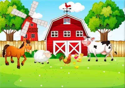 Farma – koník, stodola a větrný mlýn – obdélníkový jedlý papír na dort