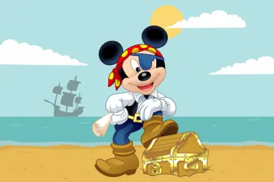 Mickey Mouse – pirát u truhly s pokladem – obdélníkový jedlý papír na dort