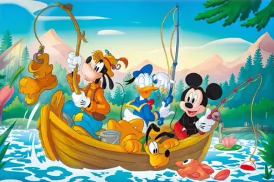 Mickey Mouse – rybaření s přáteli na lodičce – obdélníkový jedlý papír na dort