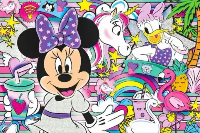 Minnie – s Daisy, jednorožcem a plameňákem – obdélníkový jedlý papír na dort
