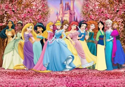 Princezny – před růžovým zámkem s Elsou – obdélníkový jedlý papír na dort