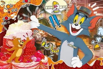 Tom a Jerry – Tom v čepici a velký dort – obdélníkový jedlý papír na dort