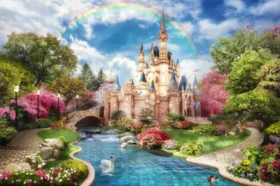 Pohádkový zámek – s labutěmi a řekou – obdélníkový jedlý papír na dort