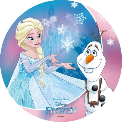 Frozen – Elsa s Olafem před ledovým palácem – jedlý papír na dort