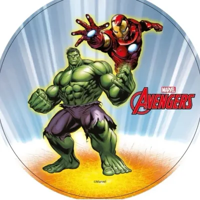 Avengers – Hulk a letící Iron Man s logem – jedlý papír na dort