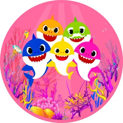 Baby Shark – rodinka na růžovém pozadí – jedlý papír na dort