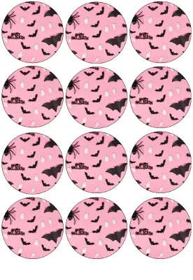 Halloween – růžový podklad s duchy a nápisem – jedlá kolečka na cupcakes