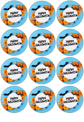 Halloween – nápis Happy Halloween a dýně v modré – jedlá kolečka na cupcakes
