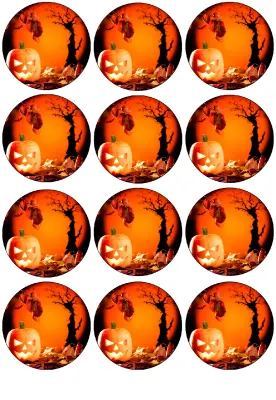 Halloween – svítící dýně u stromu s listím – jedlá kolečka na cupcakes