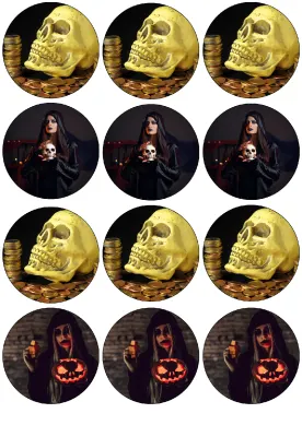 Halloween – čarodějky v kápích a zlatá lebka – jedlá kolečka na cupcakes