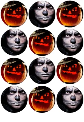 Halloween – dýně v klobouku a make-up lebky – jedlá kolečka na cupcakes