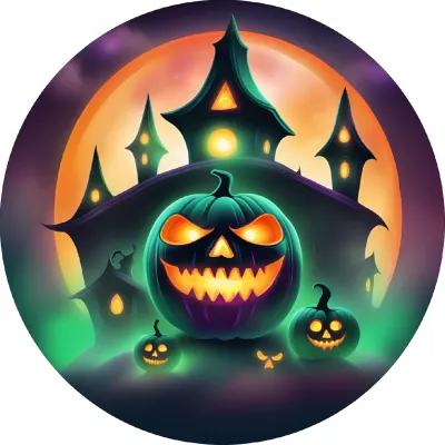 Halloween – zelená dýně a tajemný zámek – jedlý papír na dort