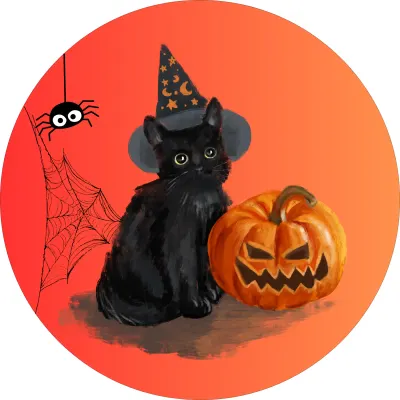 Halloween – Černá kočka s kloboukem a dýně – jedlý papír na dort