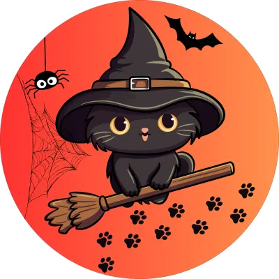 Halloween – Černé koťátko na koštěti – jedlý papír na dort