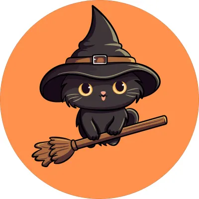 Halloween – kočka na koštěti v klobouku – jedlý papír na dort