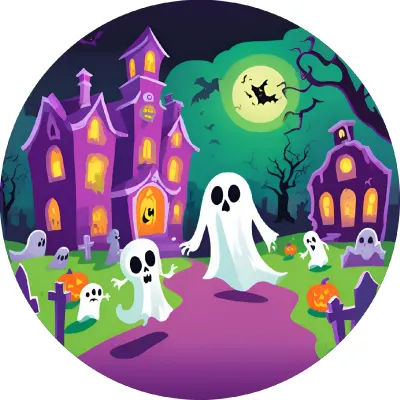 Halloween – Fialové sídlo a bílí duchové – jedlý papír na dort