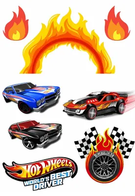 Hot Wheels – 3 auta, ohnivý oblouk a vlajky – obdélníkový jedlý papír na dort