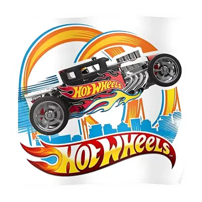 Hot Wheels – skákající černý hot rod nad městem – obdélníkový jedlý papír na dort