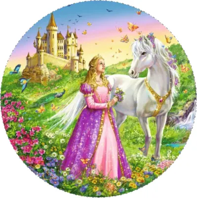 Princezna – s bílým koněm u zámku – jedlý papír na dort
