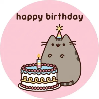 Pusheen – kočička s dortem a nápisem Happy Birthday – jedlý papír na dort