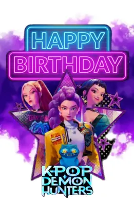 K-Pop Lovkyně démonů – neonový Happy Birthday – jedlý papír na dort
