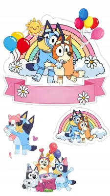 Bluey – Bluey a Bingo s duhou a balónky – jedlý papír na dort