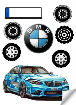 Auta – modré sportovní auto a logo – jedlý papír na dort