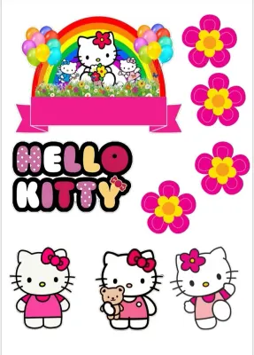 Hello Kitty – duha, postavičky a kytičky – jedlý papír na dort