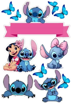 Lilo a Stitch – postavičky k vystřižení a růžový banner – jedlý papír na dort