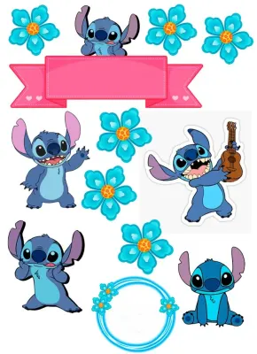 Lilo a Stitch – postavičky Stitche, květiny a jmenovka – jedlý papír na dort