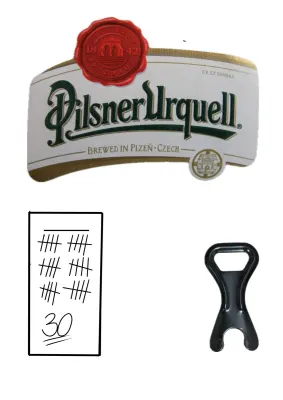 Pivo – etiketa Pilsner, pivní lístek a otvírák – jedlý papír na dort