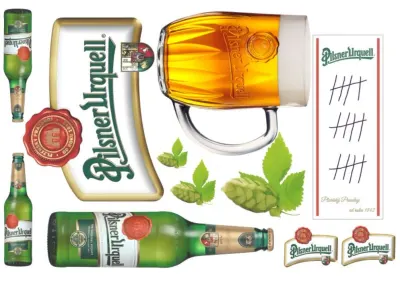 Pivo – plzeňský ležák, půllitr a lahve – jedlý papír na dort