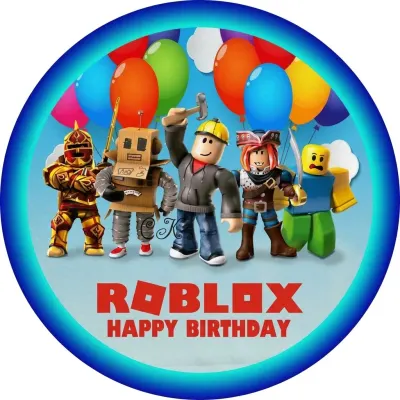 Roblox – postavičky a balónky Happy Birthday – jedlý papír na dort