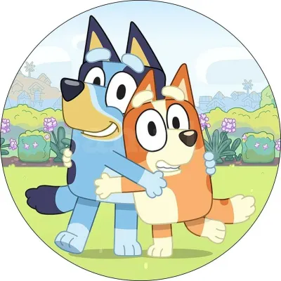 Bluey – Bluey a Bingo v objetí na zahradě – jedlý papír na dort