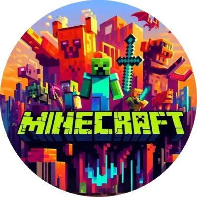 Minecraft – herní svět s postavami a logem – jedlý papír na dort