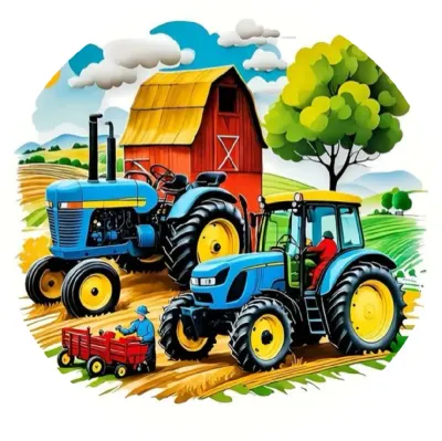 Farma – modré traktory u stodoly – jedlý papír na dort
