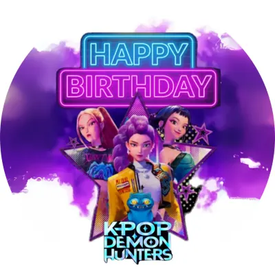 K-Pop Lovkyně démonů – dívčí skupina a Happy Birthday – jedlý papír na dort