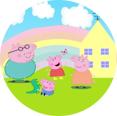 Prasátko Peppa – rodina u domečku s duhou – jedlý papír na dort
