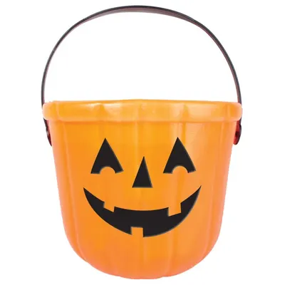 Oranžový plastový kyblík na koledu s motivem halloweenské dýně, vhodný na sladkosti a party dekoraci