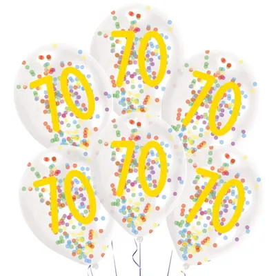 Latexové balonky Amscan s číslicí 70 naplněné barevnými konfetami pro oslavu 70. narozenin