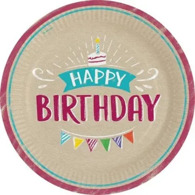 Papírové talíře Amscan My Birthday o průměru 23 cm s motivem dortu a vlaječek pro narozeninové oslavy