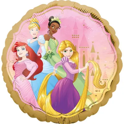 Foliový balónek s motivem Disney princezen v pastelových barvách a zlatým okrajem o průměru 43 cm