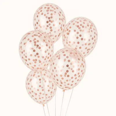 Průhledné latexové balónky PartyDeco s rose gold konfetami o průměru 30 cm, balení 5 ks, vhodné na narozeniny a svatby