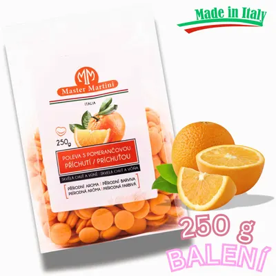 Pomerančová poleva Master Martini v balení 250 g určená k polévání a zdobení dortů a cukrářských výrobků