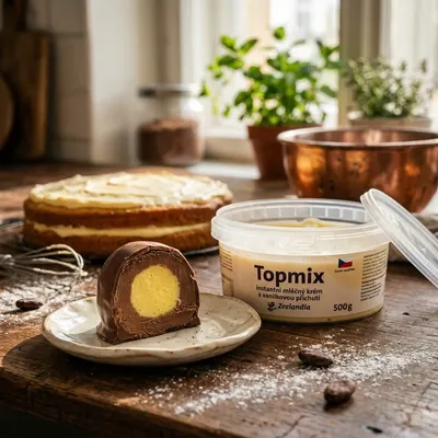 Instantní mléčný krém Topmix s vanilkovou příchutí od značky Zeelandia v balení 500 g na přípravu dortových náplní a dezertů