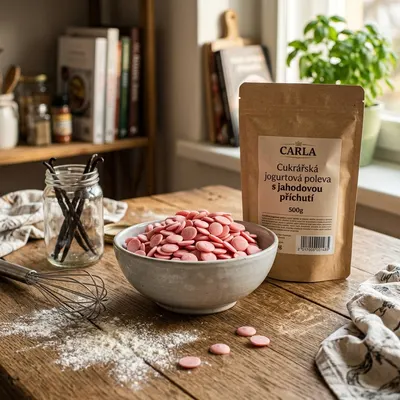Cukrářská jogurtová poleva CARLA s jahodovou příchutí na polevení dortů, zákusků a koláčů