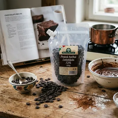 Hořká čokoláda Master Martini s 72% obsahem kakaa v pecičkách, vhodná na polevy a zdobení dortů