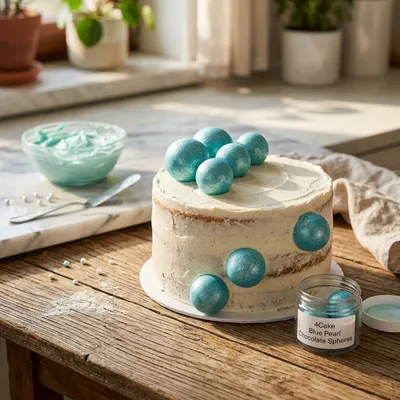 Čokoládová dekorace ve tvaru koulí Blue Pearl od značky 4Cake s modrým perleťovým leskem, 8 kusů na zdobení dortů a dezertů