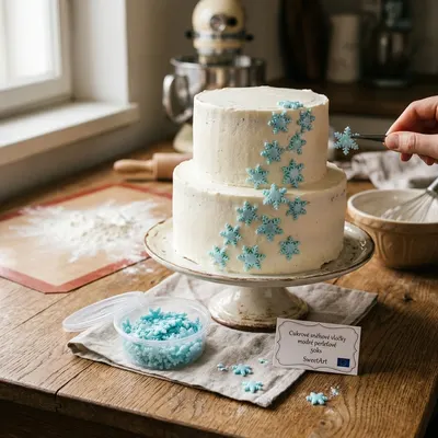 Modré lesklé cukrové sněhové vločky SweetArt na zdobení dortů a cukrářských výrobků, balení 50 ks